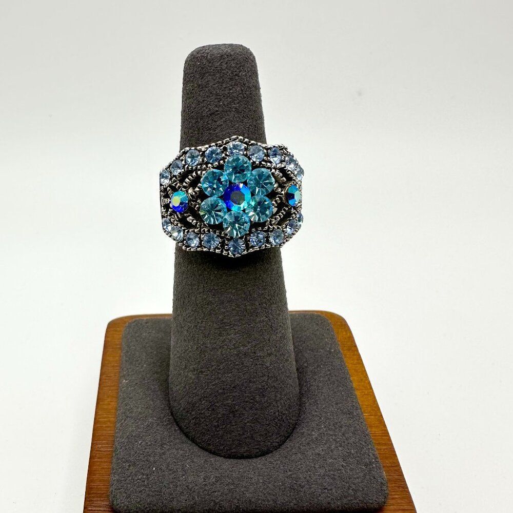 Vintage Blue Rhinestone Adjustable Ring